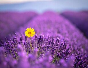 Obraz premium Lone yellow flower in vibrant lavender field