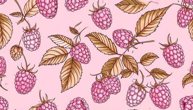 A delicate pattern featuring hand-drawn raspberries and leaves in soft pink and muted golden hues, creating an elegant, botanical design
