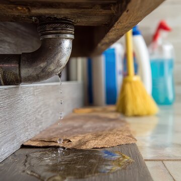 Water dripping from a leaky metal pipe under a wooden sink cabinet