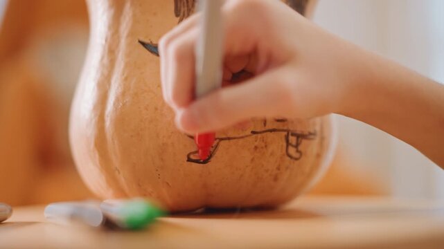 Closeup pumpkin being colored with marker, hand sketches folk doll pattern on gourd surface and adds red dress detail, markers resting on wooden table, warm studio light, cozy autumn craft moment