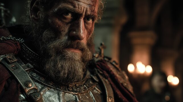 Close-up of a brutal bearded knight in battered armor, dirt and wounds visible, intense gaze under shadowed, torch-lit ambiance