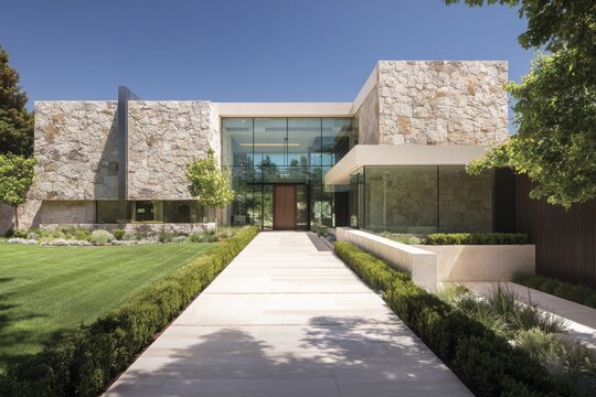 Elegant front entrance of a modern home with stone pavement, glass frontage and lush garden