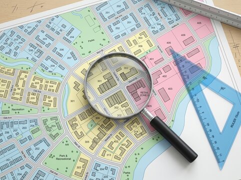 Plastic set square and magnifying glass over an imaginary General Urban Plan - 3D render concept image with copy space - note: the map is totally invented and does not represent any real place