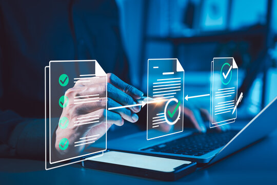 Document approval and workflow verification concept. Professional reviewing document files with check icons. validation, compliance, approval process, operations, certificate, quality control,