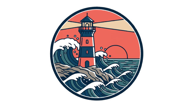 Coastal lighthouse illustration with waves and sunset in circular design