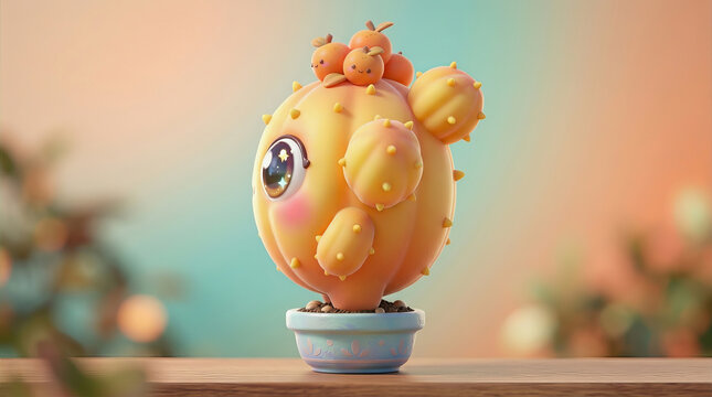 Cute cartoon cactus character with big eyes and small orange creature on top, sitting in a blue pot on a wooden surface.