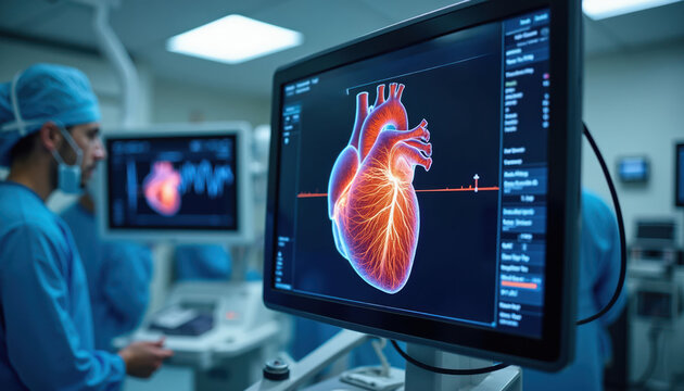 Medical team in operating room uses advanced ultrasound machine to show patients heart image. Real-time monitor displays cardiac scan and vital signs for precise surgical procedure.