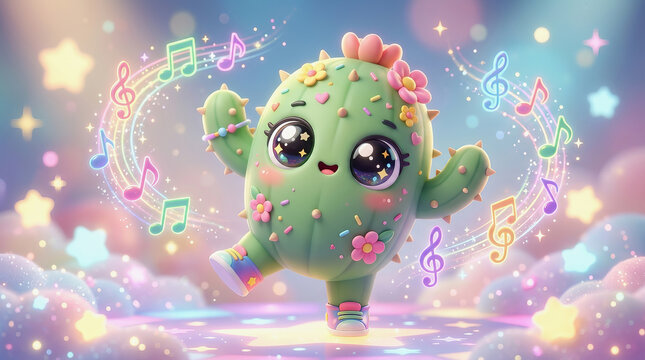 Cute cartoon cactus character dancing with colorful musical notes and sparkles in a magical dreamy sky background.