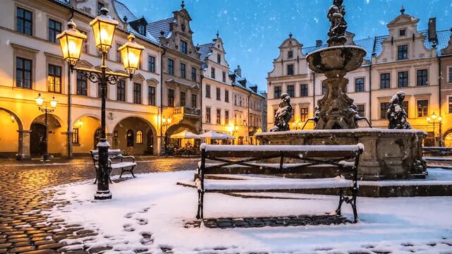 Snowy European Town Square at Dusk with Fountain and Lamps.