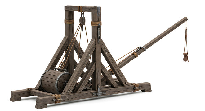 Isolated ancient siege engine, a medieval catapult on a white background, historical warfare weapon