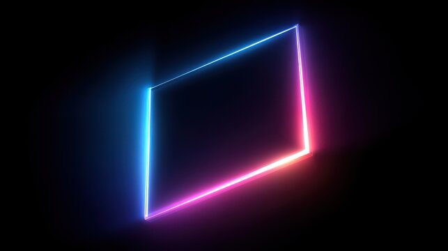 3D Illustration: Neon Parallelogram Picture Frame with Dual Color Overlay on Dark Surface