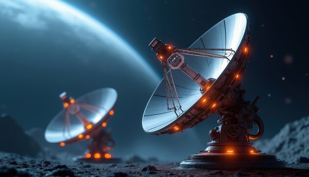 Satellite dishes on lunar surface point towards planet Earth. Advanced technology for space exploration and communication signals. Futuristic base with active antennas.