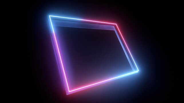 Floating Parallelogram Frame in Electric Blue and Pink Glow on Black Background
