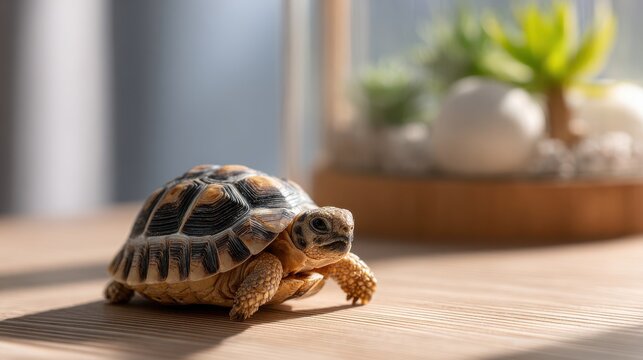 Close-up portrait of a tiny pet tortoise on a warm wooden surface in soft indoor light