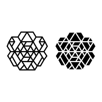 2 Geometric Abstract icons hexagon crystal shapes, outline solid styles, UI and web interface design
