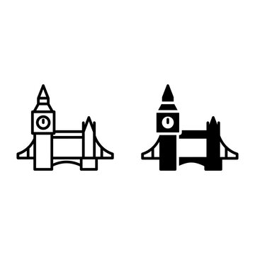 2 London icons Big Ben and Tower Bridge, outline solid styles, UI and web interface design