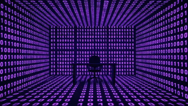 Digitally rendered interior with binary code on walls and a table/chair set