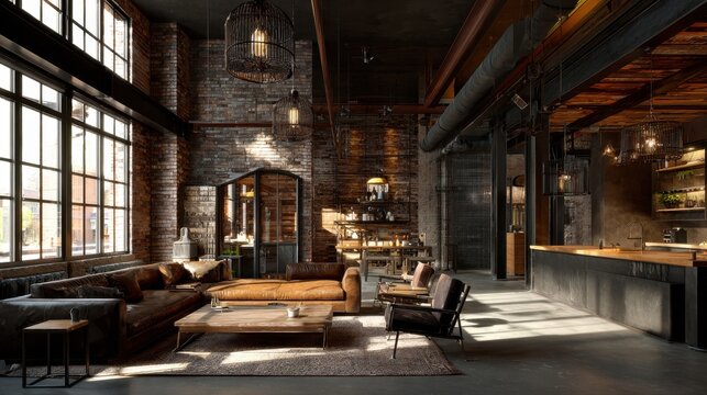 Contemporary industrial den in a sunlit loft with rugged textures and minimalist furniture