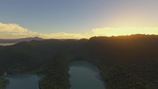 Sunset aerial shot of Dayang Bunting Lake in Kedah. Malaysia