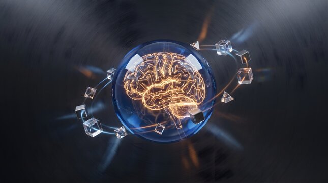 Advanced Quantum Cognition Inside Glass Sphere with Superposed Geometric Elements and Particle Flow.Glowing Human Brain in Glass Sphere with Floating Geometric Cubes Symbolizing AI Intelligence.
