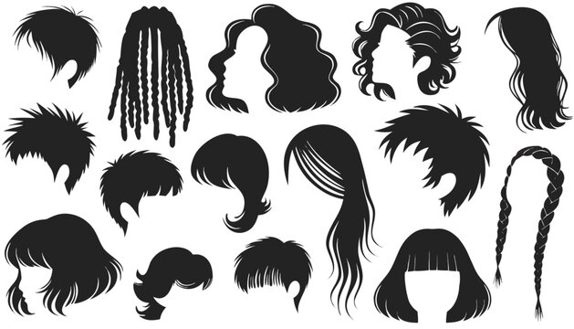 Collection of diverse female hairstyle silhouettes featuring various modern cuts and trendy styles presented on white background