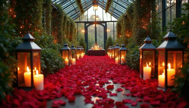 Greenhouse aisle path lined with red rose petals. Romantic lanterns and candles light the way to a table setting. Lush green vines and soft lights create ambiance for proposal.