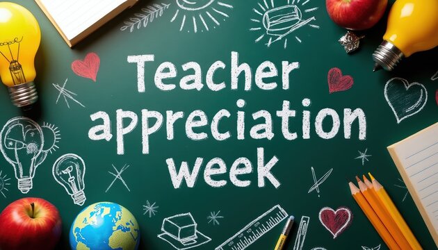 Teacher appreciation week celebrated with school supplies like apples, books, pencils on chalkboard. Light bulbs signify ideas, hearts show love for educators. Globe represents global learning.
