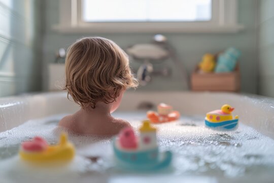 Back view of a toddler girl enjoying bath time with colorful rubber toys in a bright bathroom