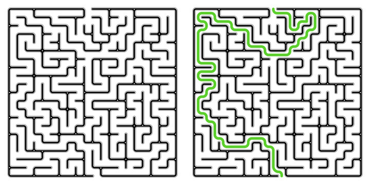Vector maze labyrinth set with solved path. Black & white puzzle template for kids and adults