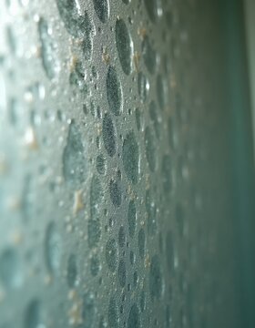 Close up of dirty glass shower door with water spots and soap scum residue. A textured, abstract background for cleaning and hygiene concepts.