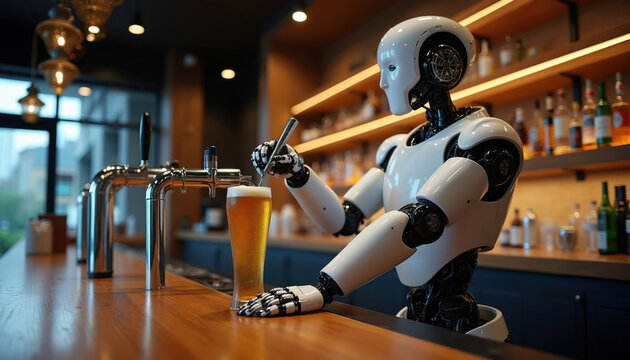 Robot bartender pours beer into glass at modern bar. Automated service in restaurant, future of hospitality industry. Machine serves drinks on counter with tap.