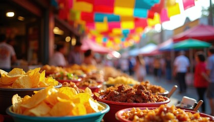 Naklejka premium Hispanic street food market with colorful banners. People shop at outdoor stalls selling mexican cuisine. Trucks offer tasty food like nachos.