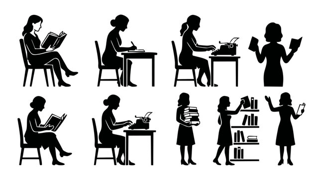 Woman reading and writing silhouette icons, female studying with books and typewriter set. Professional librarian or student characters, education and literature learning concept, isolated black vecto