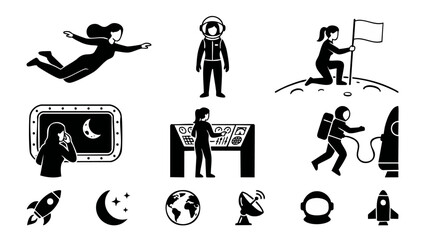 Astronaut Space Icons Set, Woman Astronaut Floating and Planting Flag on Moon, Rocket Ship and Mission Control Station, Black and White Vector Illustration for Science Exploration and Galaxy Travel Co © Fernando