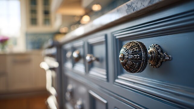 Blue Cabinet with Ornate Brass Knobs in Kitchen Setting