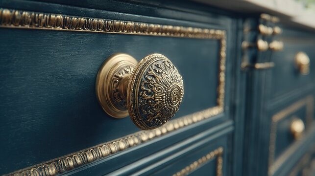 Blue Cabinet with Ornate Brass Knobs