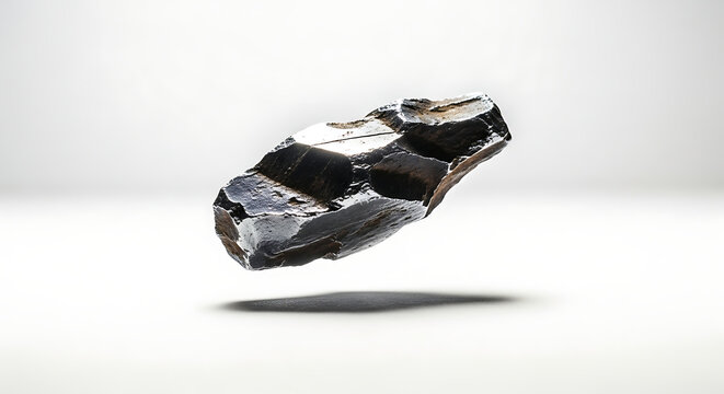 Isolated primitive stone fragment, raw flint, suspended on white, ancient texture