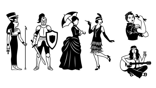 Historical Women Icons Set, Different Eras and Cultures Collection. Egyptian Queen, Medieval Knight, Victorian Lady, 1920s Flapper, Rosie the Riveter, Hippie Girl with Guitar in Vector Graphic Silhoue
