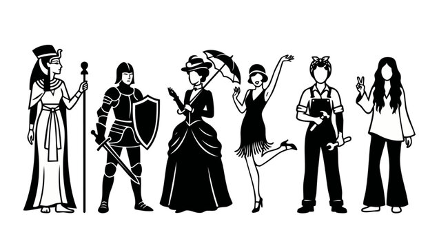 Historical Women Fashion Timeline Silhouette Set, Ancient Egyptian Queen, Medieval Knight, Victorian Lady, Flapper Girl, Rosie Riveter and Hippie Woman Illustration Showing Evolution of Female Style T