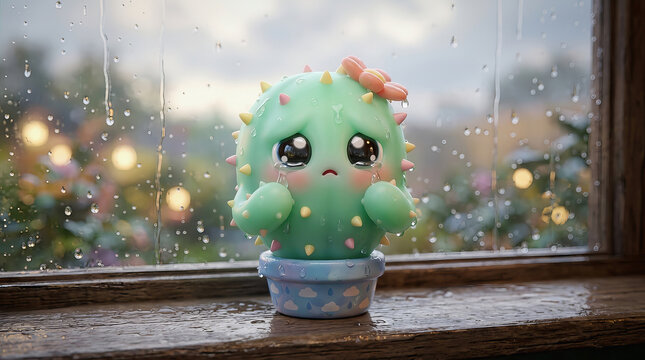 Cute green cactus with big eyes and pink bow sits in blue pot on wooden windowsill during rainy day with blurred lights outside.