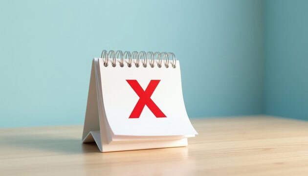 Small desk calendar shows big red X mark. Paper planner indicates missed date or canceled event. Minimalist reminder for important times or tasks.