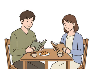 Fototapeta premium テーブルを挟んで向かい合いコーヒーを飲みながら読書を楽しむ日本人男女