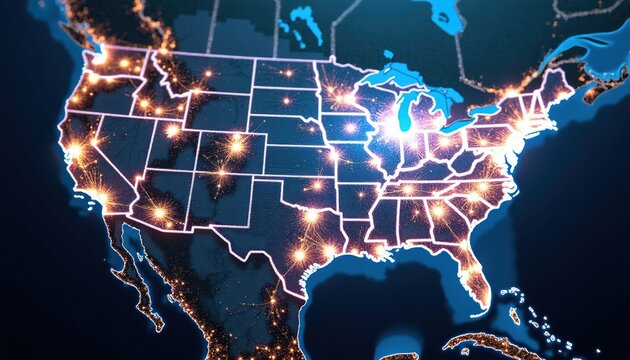 Digital map shows US states glowing with energy flow and lights. Power grid network connects cities across America with bright nodes and lines, illustrating electricity usage and distribution.