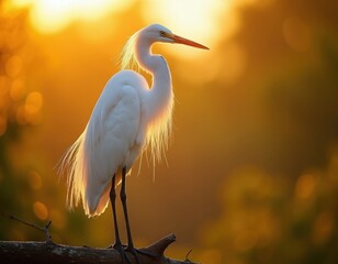 Obraz premium White egret bird rests on tree branch. Golden sunset light illuminates feathers. Peaceful nature scene at wetland. Majestic avian wildlife poised.