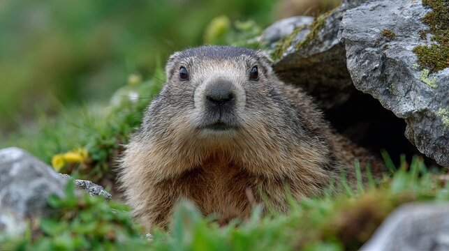 Groundhog rests by its burrow in summer, Valais, Switzerland.