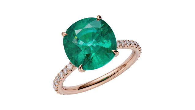 Rose gold ring with large cushion cut emerald and diamonds, isolated on transparent background