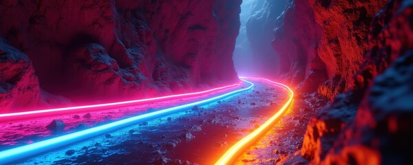 Fototapeta premium Neon light lines on winding path in cave. Blue pink yellow glow illuminate rocky canyon floor. Abstract background for data science innovation or future tech.