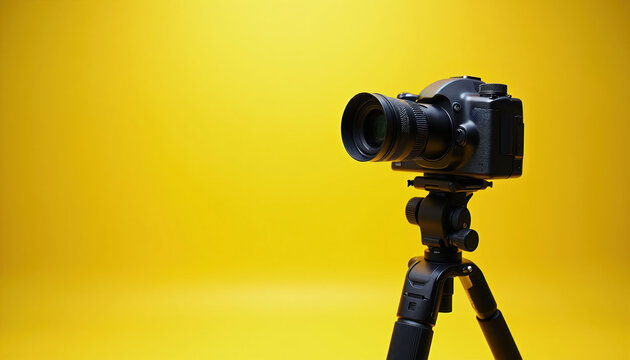 Black video camera on tripod stands against bright yellow background. Minimalist studio shot for media production. Equipment ready for filming interviews or events. Copy space available for text.