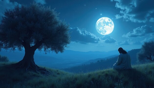 Person sits on grass looking at large moon. Night landscape with tree and rolling hills. Serene peaceful outdoor scene, calm quiet atmosphere. Starry sky, cloudy night.