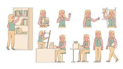 Librarian character set, library worker activities and poses, bookkeeper managing bookshelves and retail desk, professional service flat vector illustration for education or bookstore business concept © Fernando